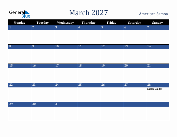 March 2027 American Samoa Calendar (Monday Start)