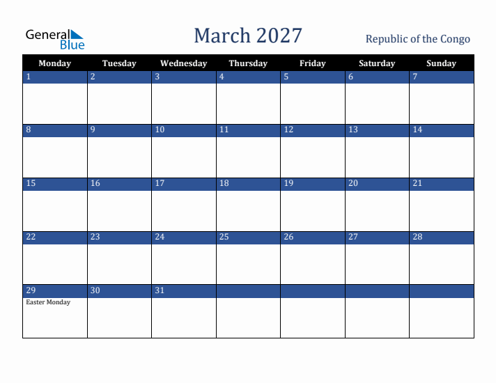 March 2027 Republic of the Congo Calendar (Monday Start)