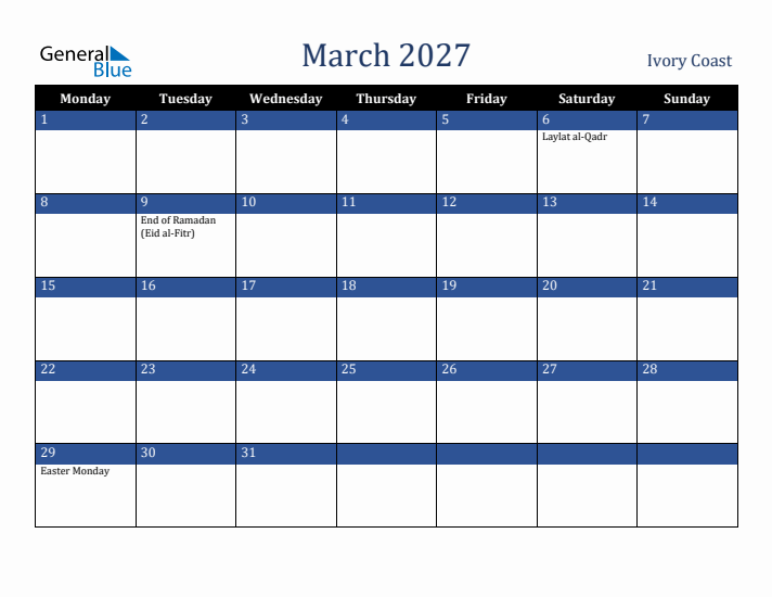 March 2027 Ivory Coast Calendar (Monday Start)