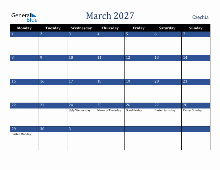 March 2027 Czechia Calendar (Monday Start)