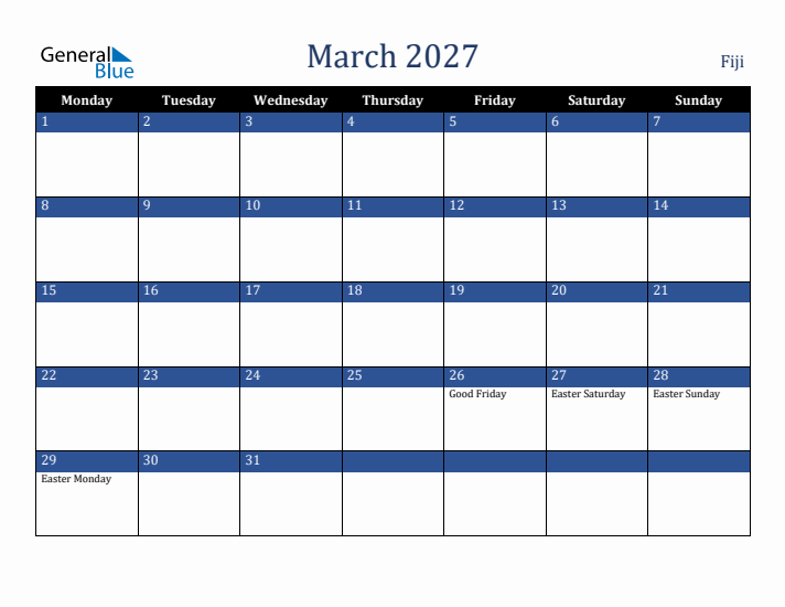 March 2027 Fiji Calendar (Monday Start)