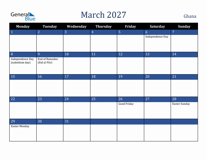 March 2027 Ghana Calendar (Monday Start)