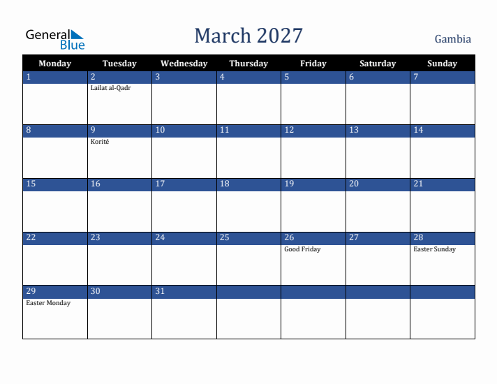 March 2027 Gambia Calendar (Monday Start)