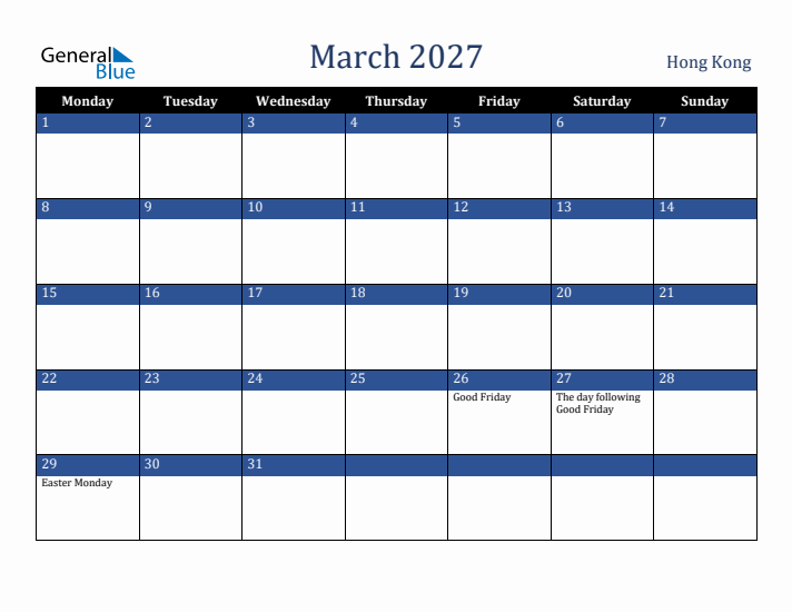 March 2027 Hong Kong Calendar (Monday Start)