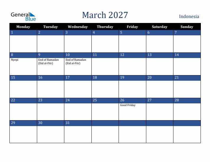 March 2027 Indonesia Calendar (Monday Start)