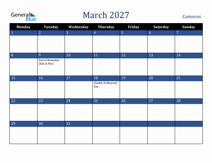 March 2027 Comoros Calendar (Monday Start)