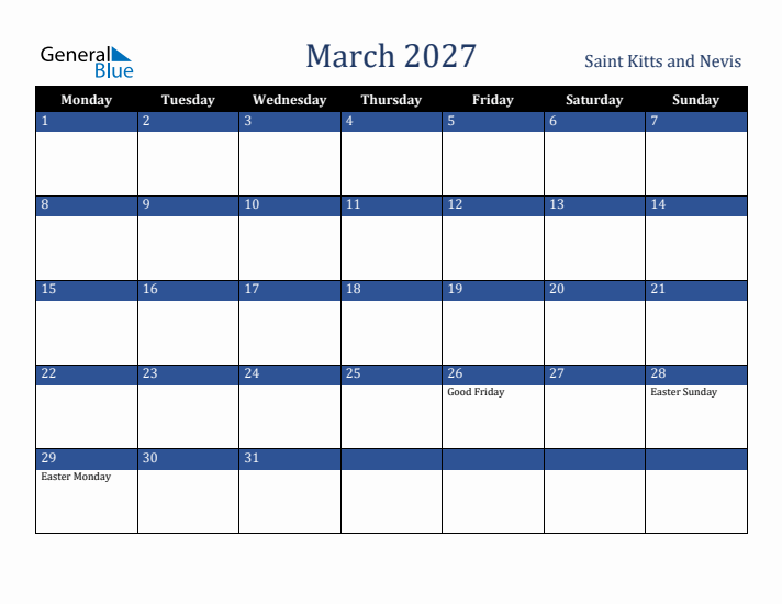 March 2027 Saint Kitts and Nevis Calendar (Monday Start)