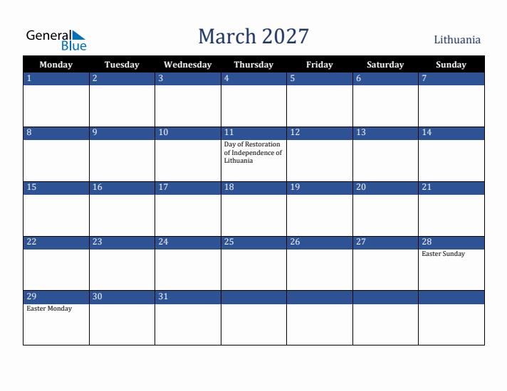 March 2027 Lithuania Calendar (Monday Start)