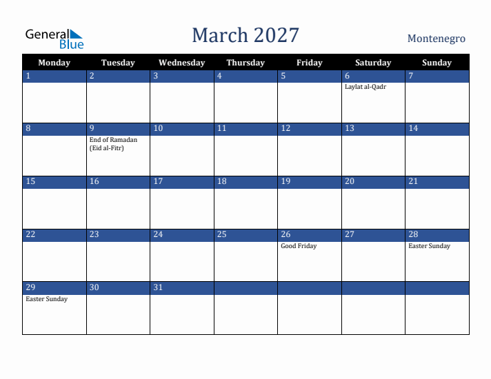 March 2027 Montenegro Calendar (Monday Start)
