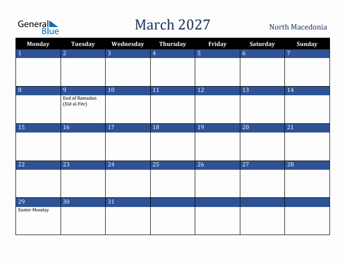 March 2027 North Macedonia Calendar (Monday Start)