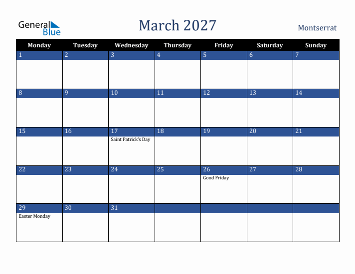 March 2027 Montserrat Calendar (Monday Start)