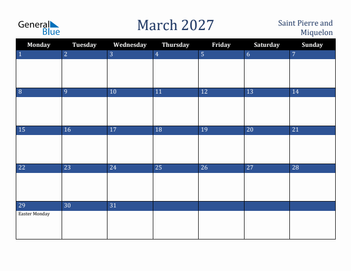 March 2027 Saint Pierre and Miquelon Calendar (Monday Start)