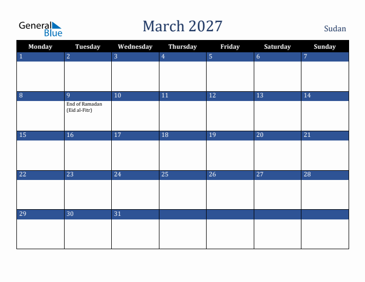 March 2027 Sudan Calendar (Monday Start)