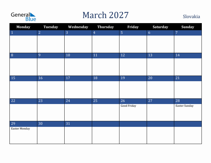 March 2027 Slovakia Calendar (Monday Start)