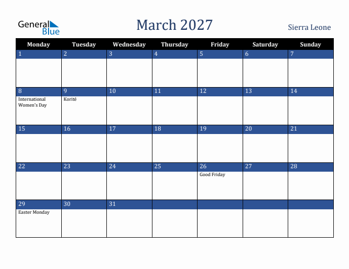 March 2027 Sierra Leone Calendar (Monday Start)