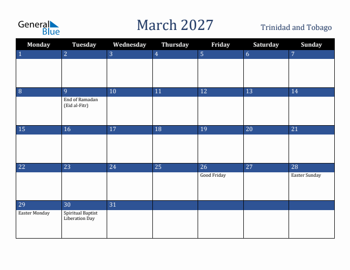 March 2027 Trinidad and Tobago Calendar (Monday Start)