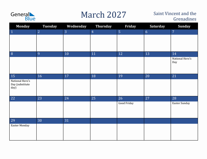 March 2027 Saint Vincent and the Grenadines Calendar (Monday Start)