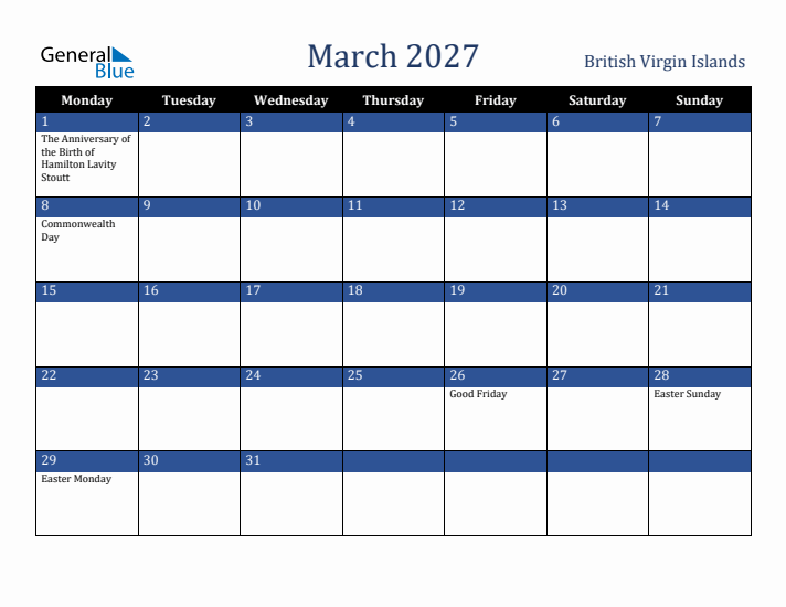 March 2027 British Virgin Islands Calendar (Monday Start)