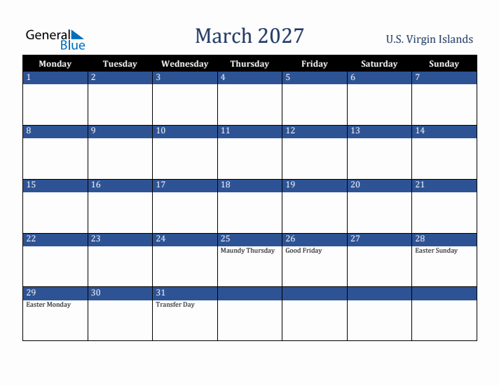 March 2027 U.S. Virgin Islands Calendar (Monday Start)