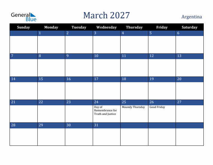 March 2027 Argentina Calendar (Sunday Start)