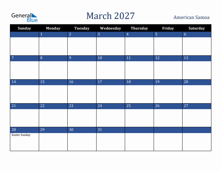 March 2027 American Samoa Calendar (Sunday Start)