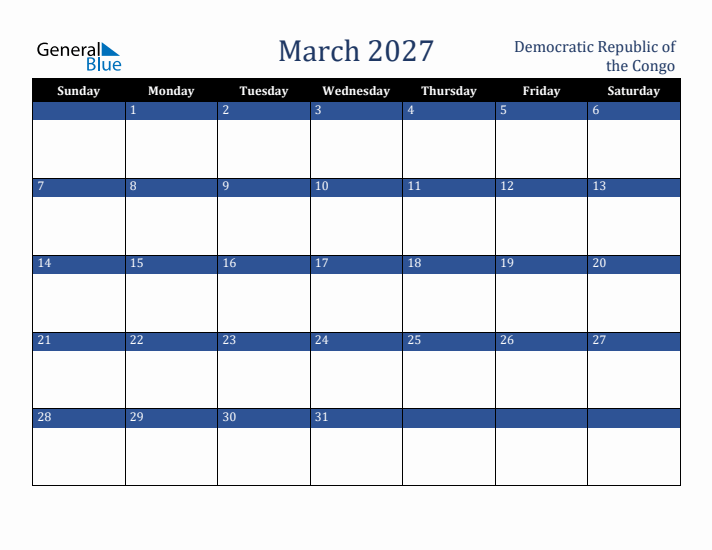 March 2027 Democratic Republic of the Congo Calendar (Sunday Start)
