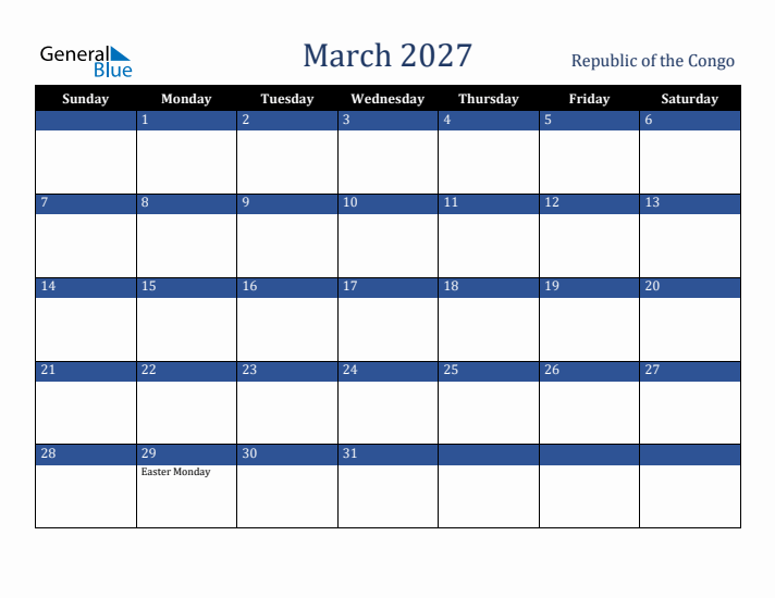 March 2027 Republic of the Congo Calendar (Sunday Start)
