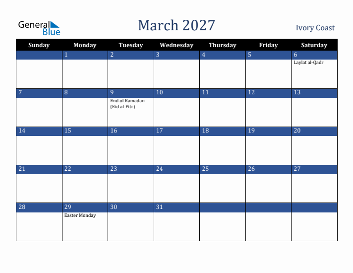 March 2027 Ivory Coast Calendar (Sunday Start)