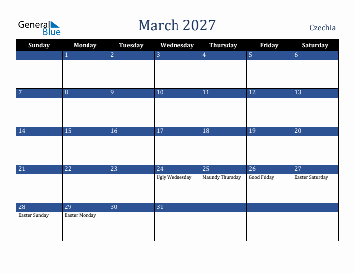March 2027 Czechia Calendar (Sunday Start)