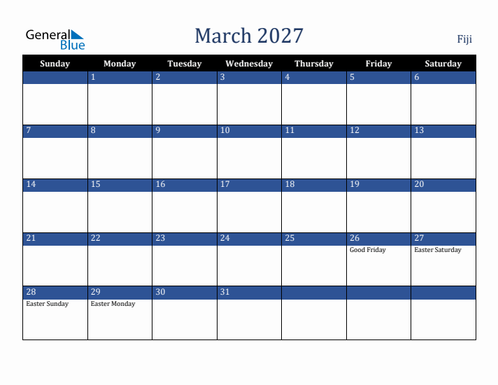 March 2027 Fiji Calendar (Sunday Start)