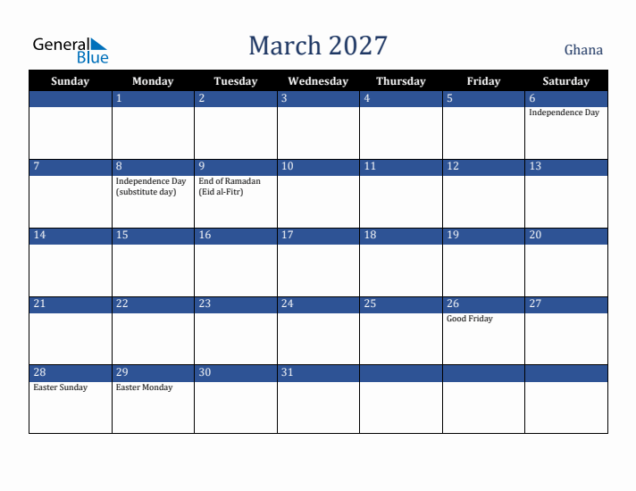 March 2027 Ghana Calendar (Sunday Start)