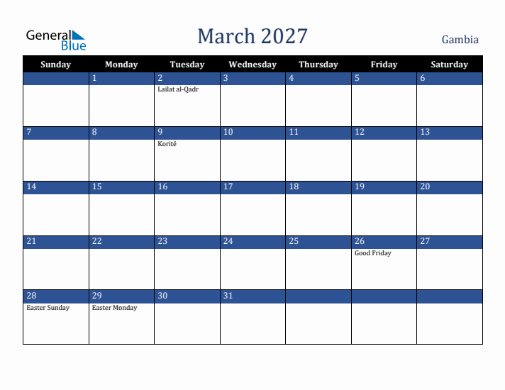 March 2027 Gambia Calendar (Sunday Start)