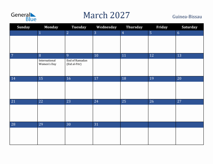 March 2027 Guinea-Bissau Calendar (Sunday Start)