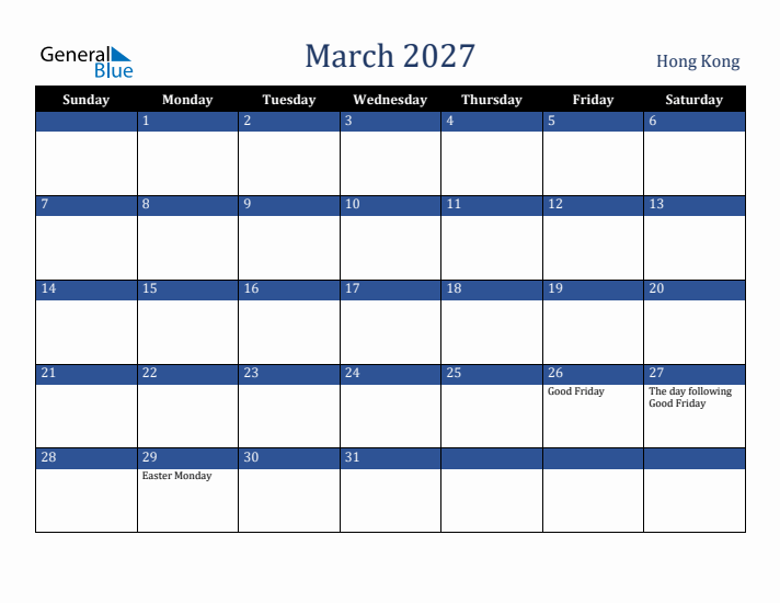 March 2027 Hong Kong Calendar (Sunday Start)