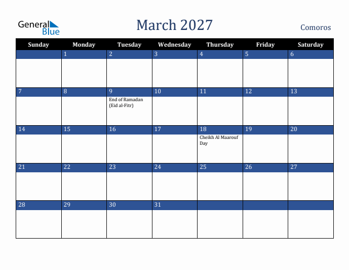 March 2027 Comoros Calendar (Sunday Start)