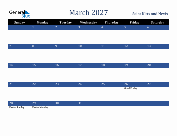 March 2027 Saint Kitts and Nevis Calendar (Sunday Start)