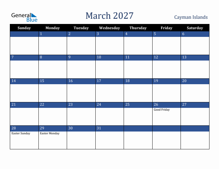 March 2027 Cayman Islands Calendar (Sunday Start)
