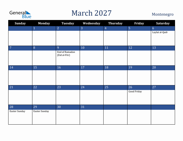 March 2027 Montenegro Calendar (Sunday Start)