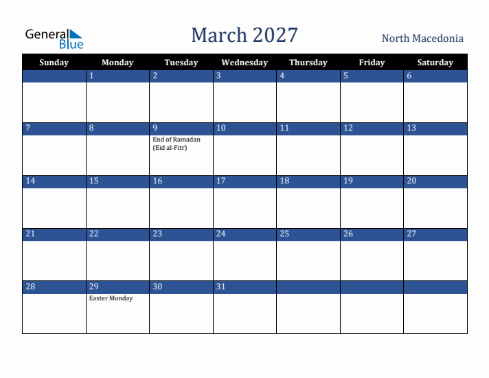 March 2027 North Macedonia Calendar (Sunday Start)