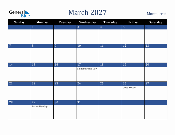 March 2027 Montserrat Calendar (Sunday Start)