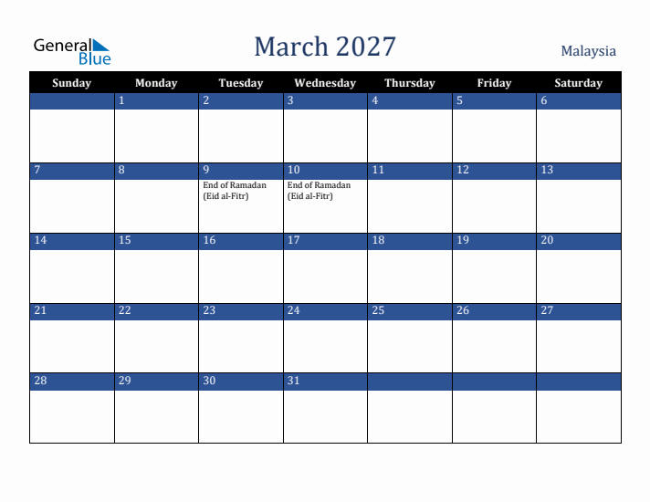 March 2027 Malaysia Calendar (Sunday Start)