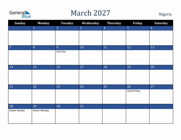 March 2027 Nigeria Calendar (Sunday Start)