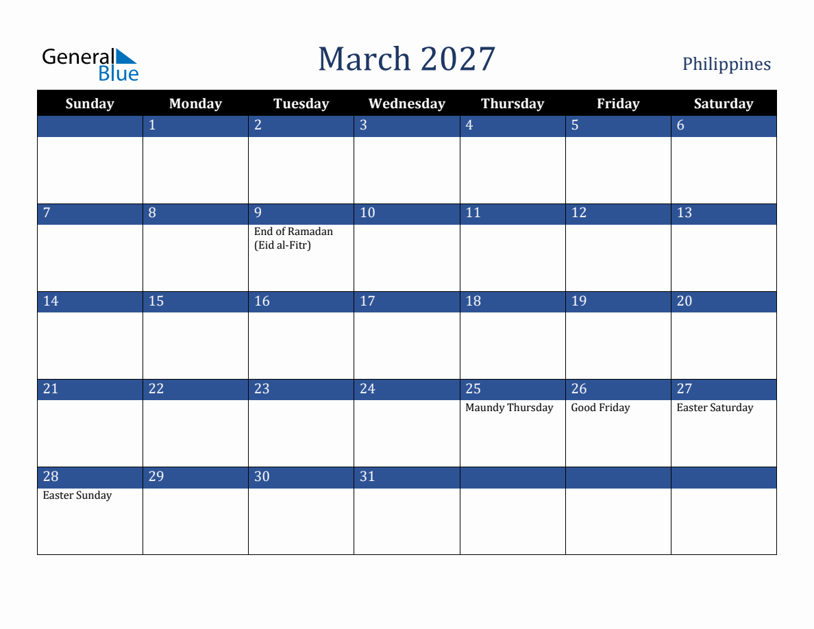 March 2027 Philippines Holiday Calendar