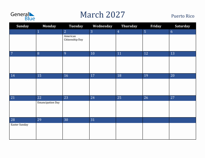 March 2027 Puerto Rico Calendar (Sunday Start)