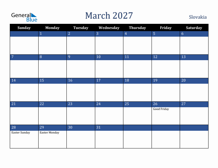 March 2027 Slovakia Calendar (Sunday Start)