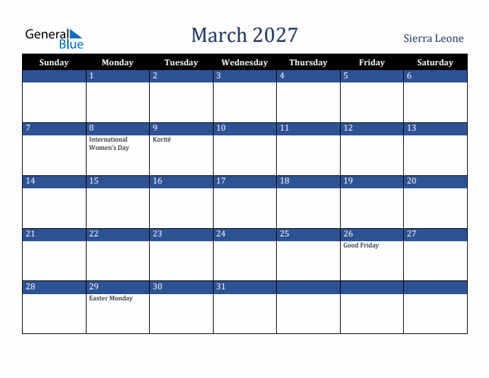 March 2027 Sierra Leone Calendar (Sunday Start)
