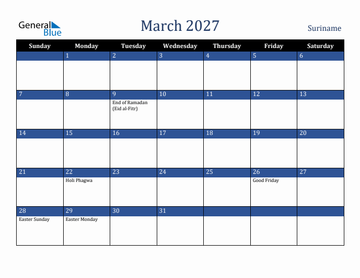 March 2027 Suriname Calendar (Sunday Start)