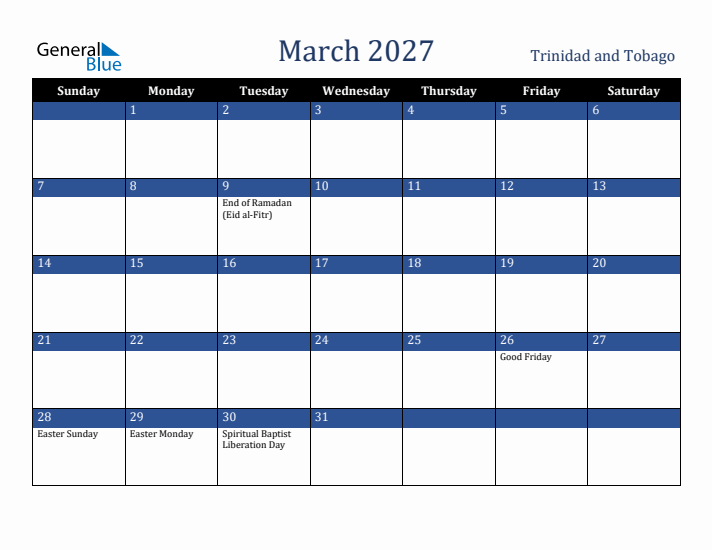 March 2027 Trinidad and Tobago Calendar (Sunday Start)