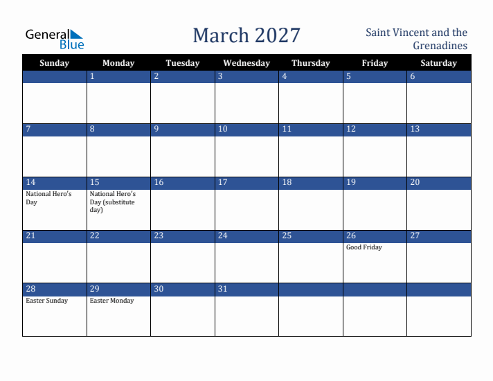March 2027 Saint Vincent and the Grenadines Calendar (Sunday Start)