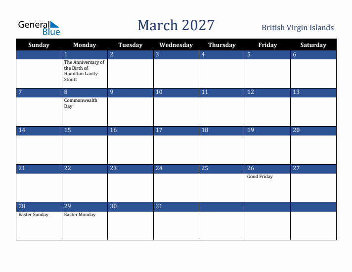 March 2027 British Virgin Islands Calendar (Sunday Start)